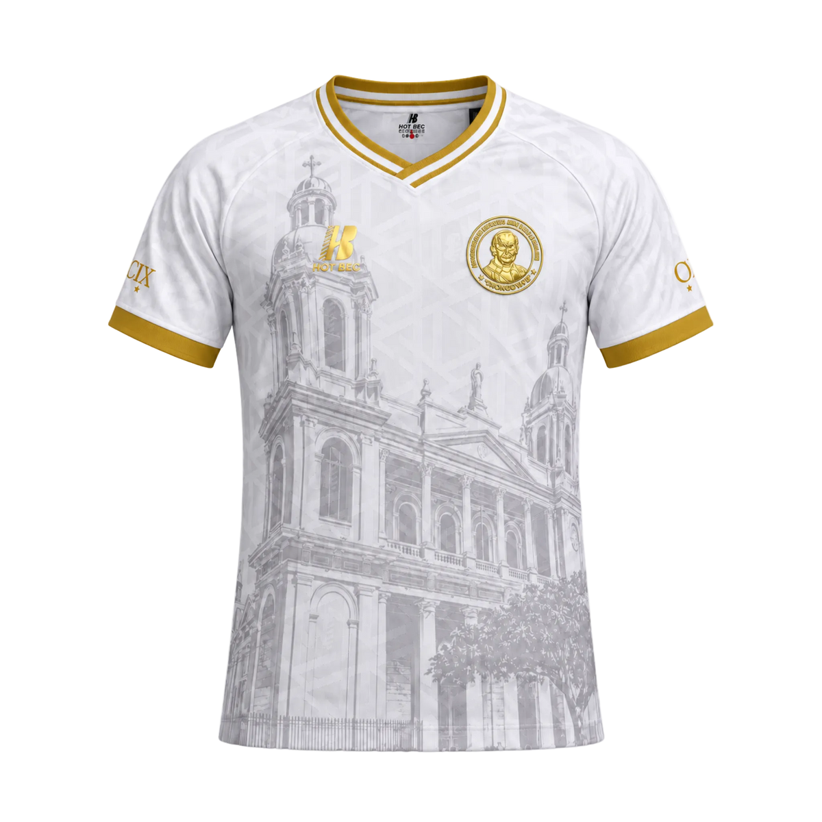 Juan Pablo II College Leo XIV 2026 shirt – white front with Chiclayo Cathedral and gold crest